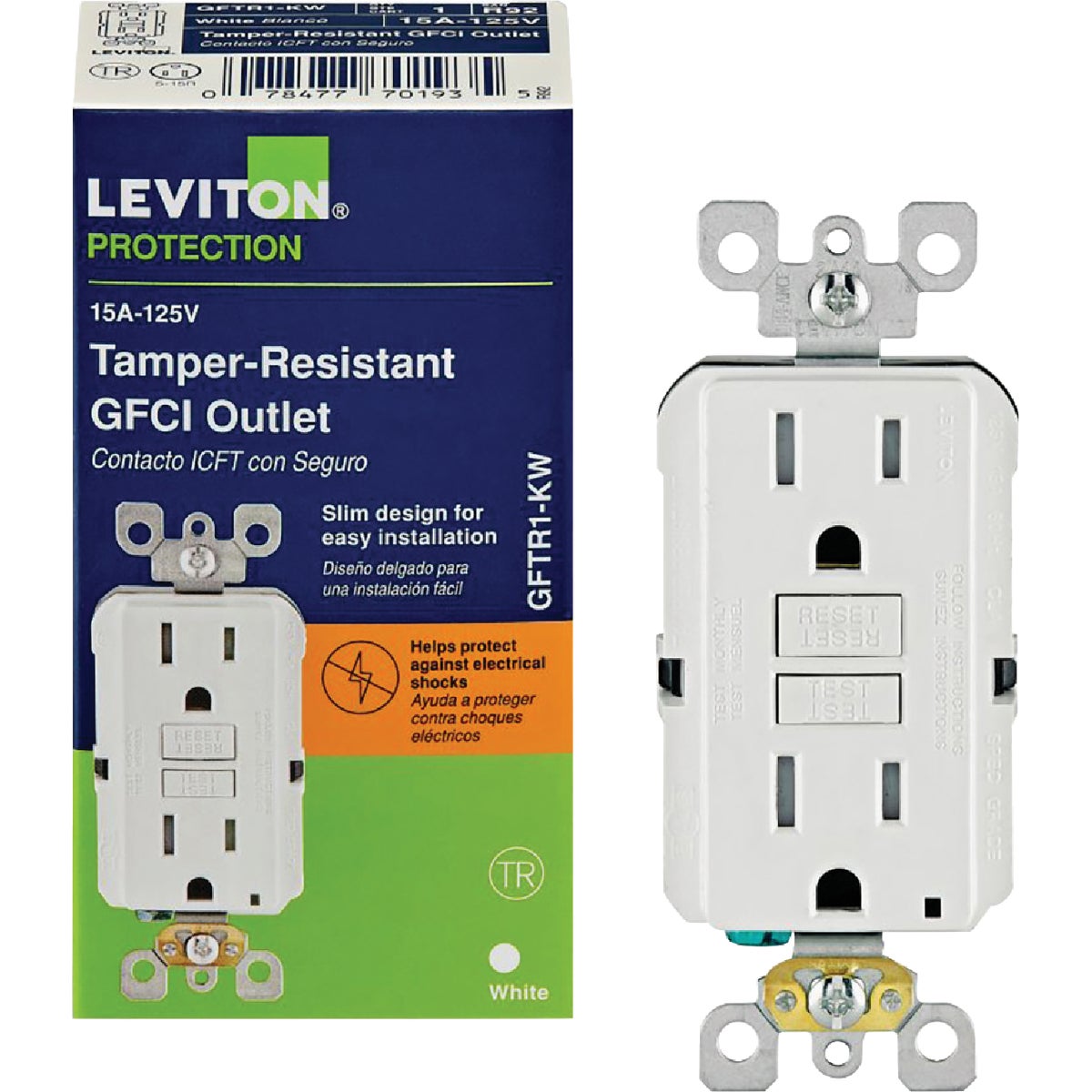 Leviton SmartlockPro Self-Test 15A White Residential Grade Tamper Resistant 5-15R Slim GFCI Duplex Outlet