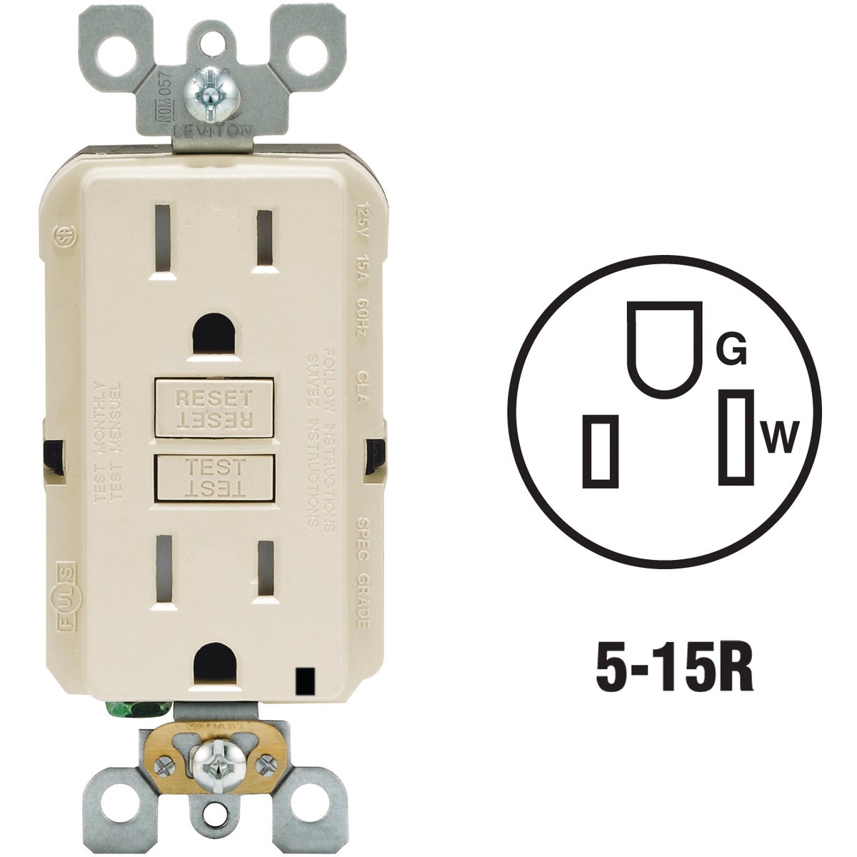 Leviton SmartlockPro Self-Test 15A Light Almond Residential Grade Tamper Resistant 5-15R GFCI Outlet Image 1