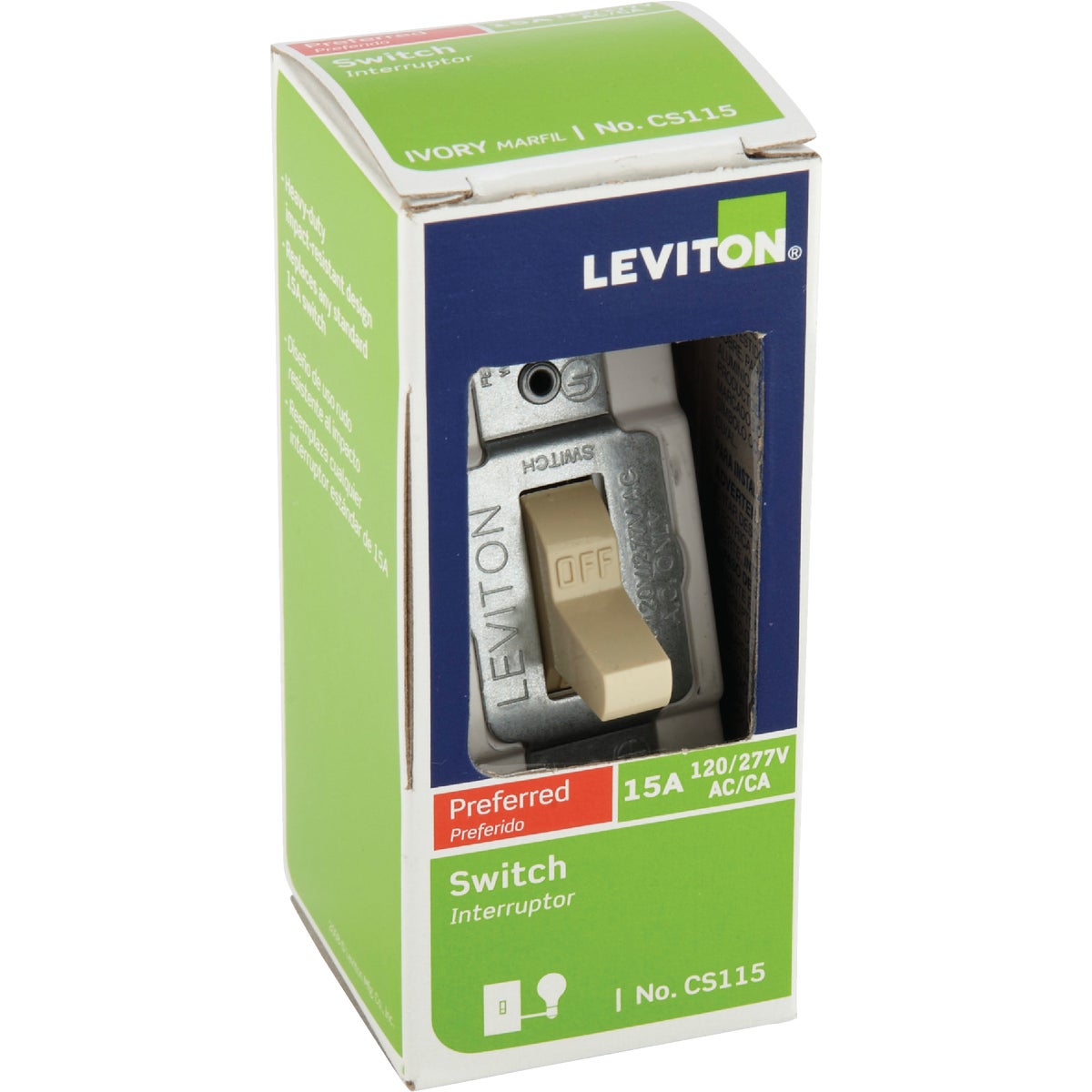 Leviton Commercial Grade 15 Amp Toggle Single Pole Switch, Ivory Image 2