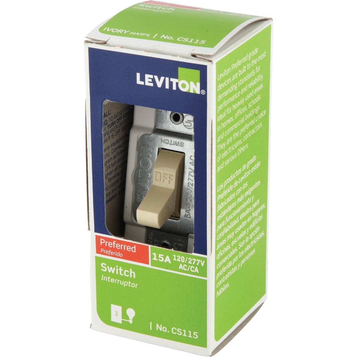 Leviton Commercial Grade 15 Amp Toggle Single Pole Switch, Ivory Image 3