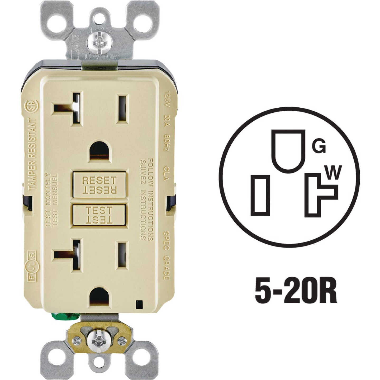 Leviton SmartlockPro Self-Test 20A Ivory Commercial Grade Tamper Resistant 5-20R GFCI Outlet Image 1