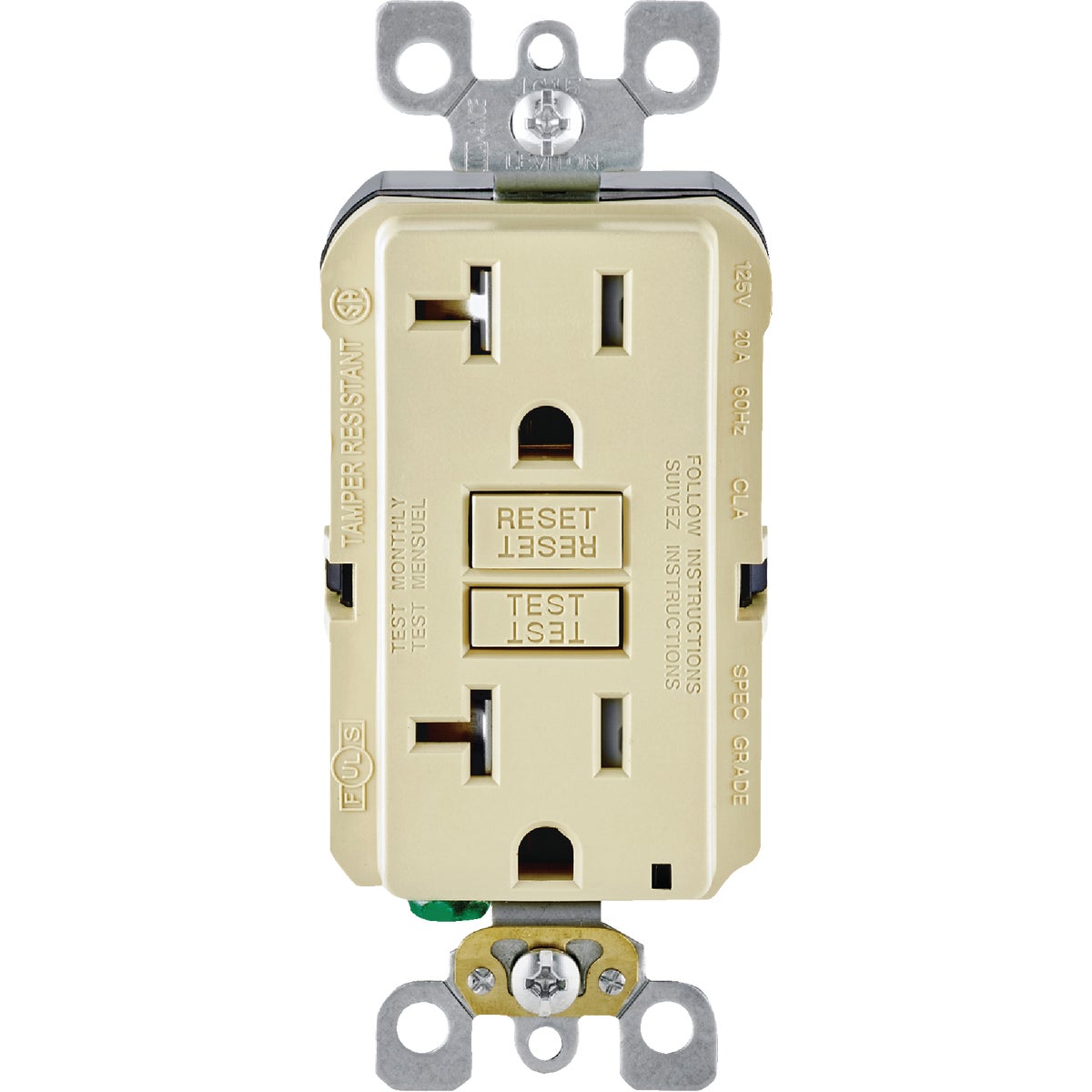 Leviton SmartlockPro Self-Test 20A Ivory Commercial Grade Tamper Resistant 5-20R GFCI Outlet Image 2