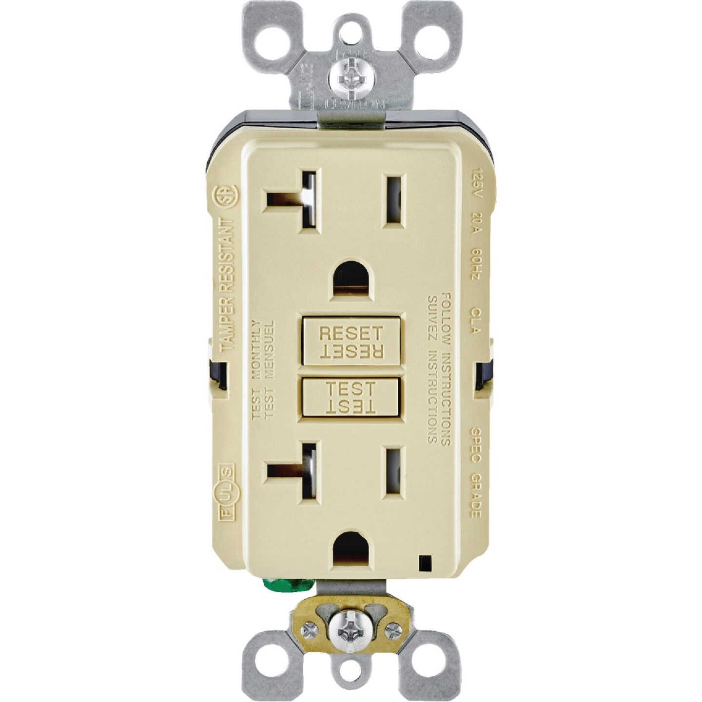 Leviton SmartlockPro Self-Test 20A Ivory Commercial Grade Tamper Resistant 5-20R GFCI Outlet Image 2