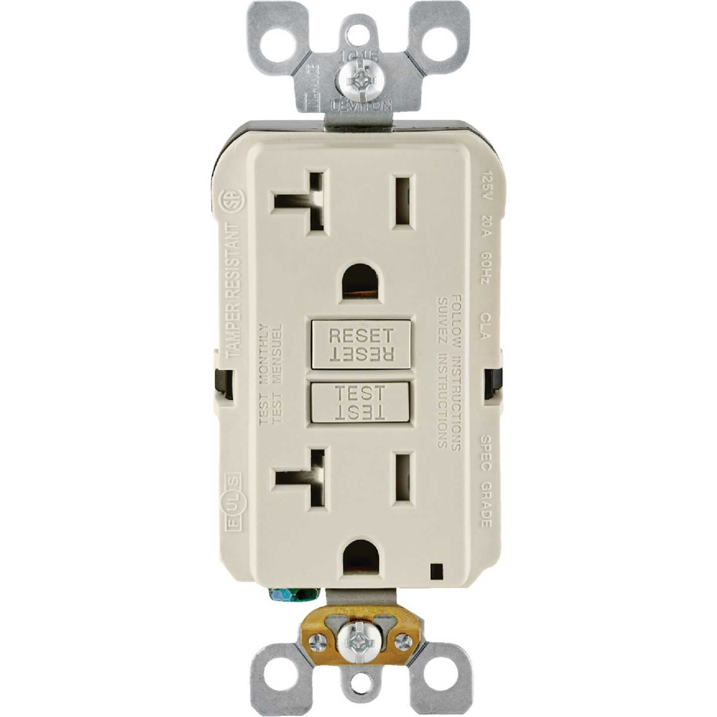 Leviton SmartlockPro Self-Test 20A Light Almond Commercial Grade Tamper Resistant 5-20R GFCI Outlet Image 2
