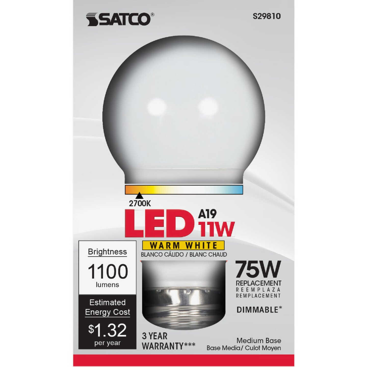 Satco 75W Equivalent Warm White A19 Medium Dimmable LED Light Bulb Image 1