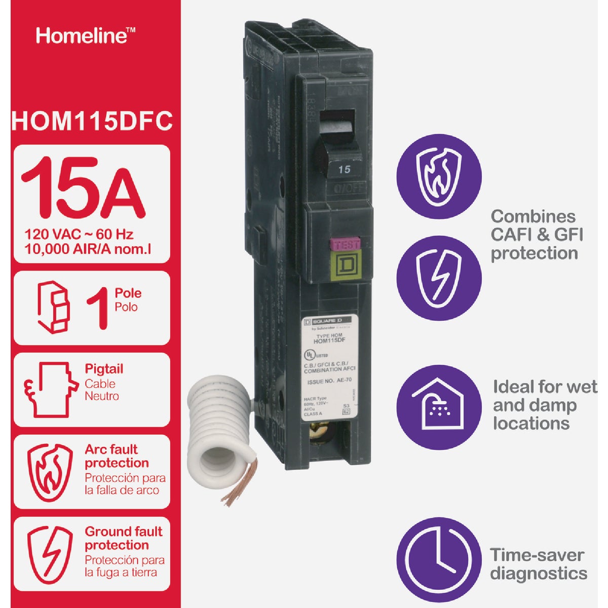 Square D Homeline 15A Single-Pole CAFCI Dual Function Circuit Breaker Image 2