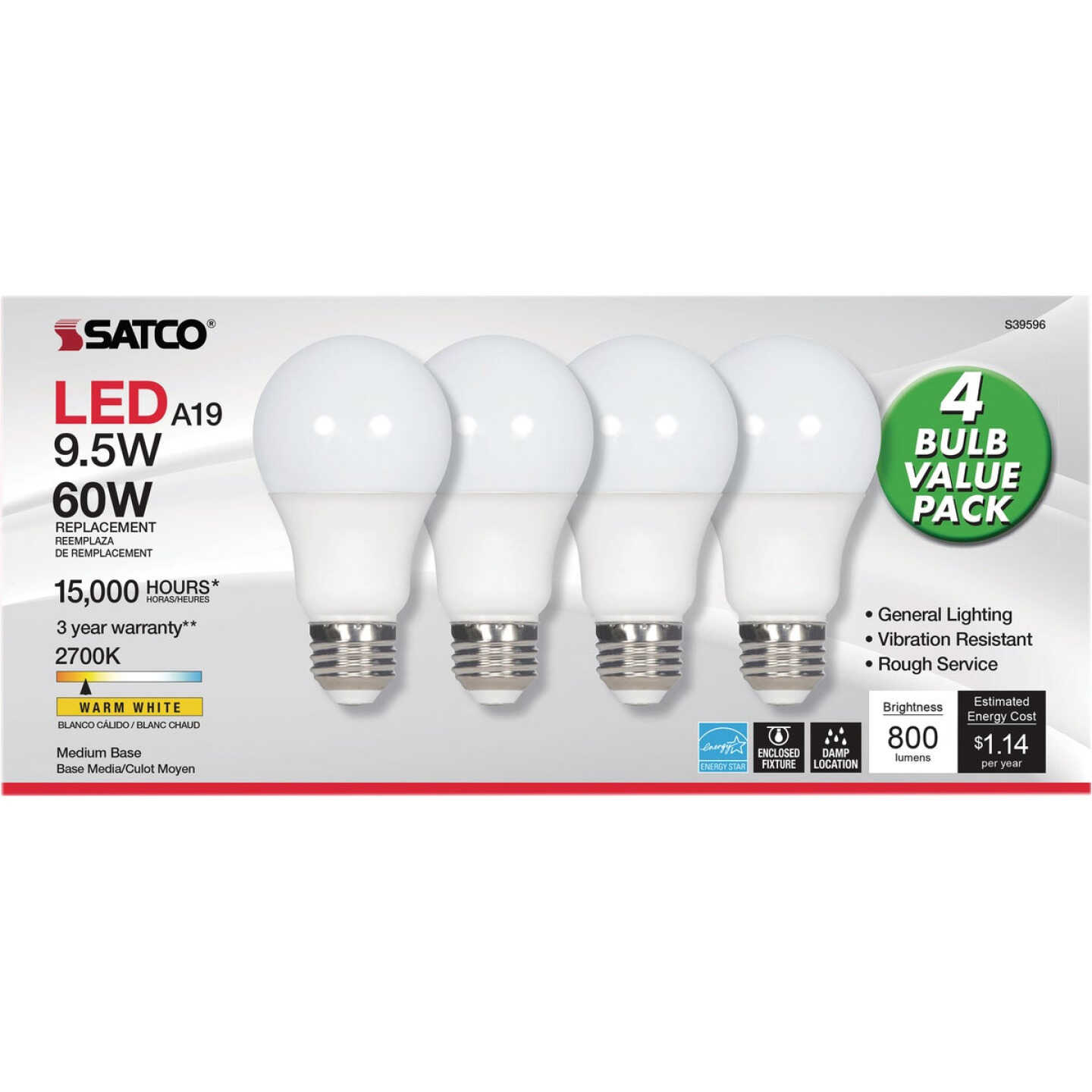 Satco 60W Equivalent Warm White A19 Medium LED Light Bulb (4-Pack) Image 3