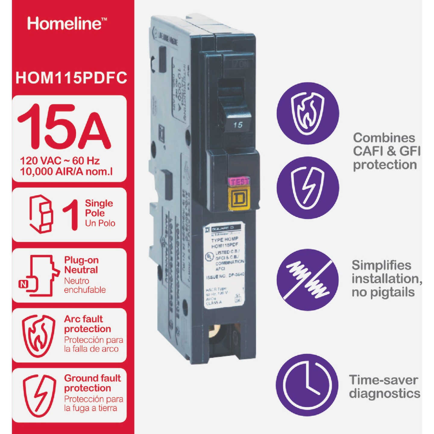 Square D Homeline 15A Single-Pole CAFCI Plug-On Neutral Dual Function Circuit Breaker Image 2