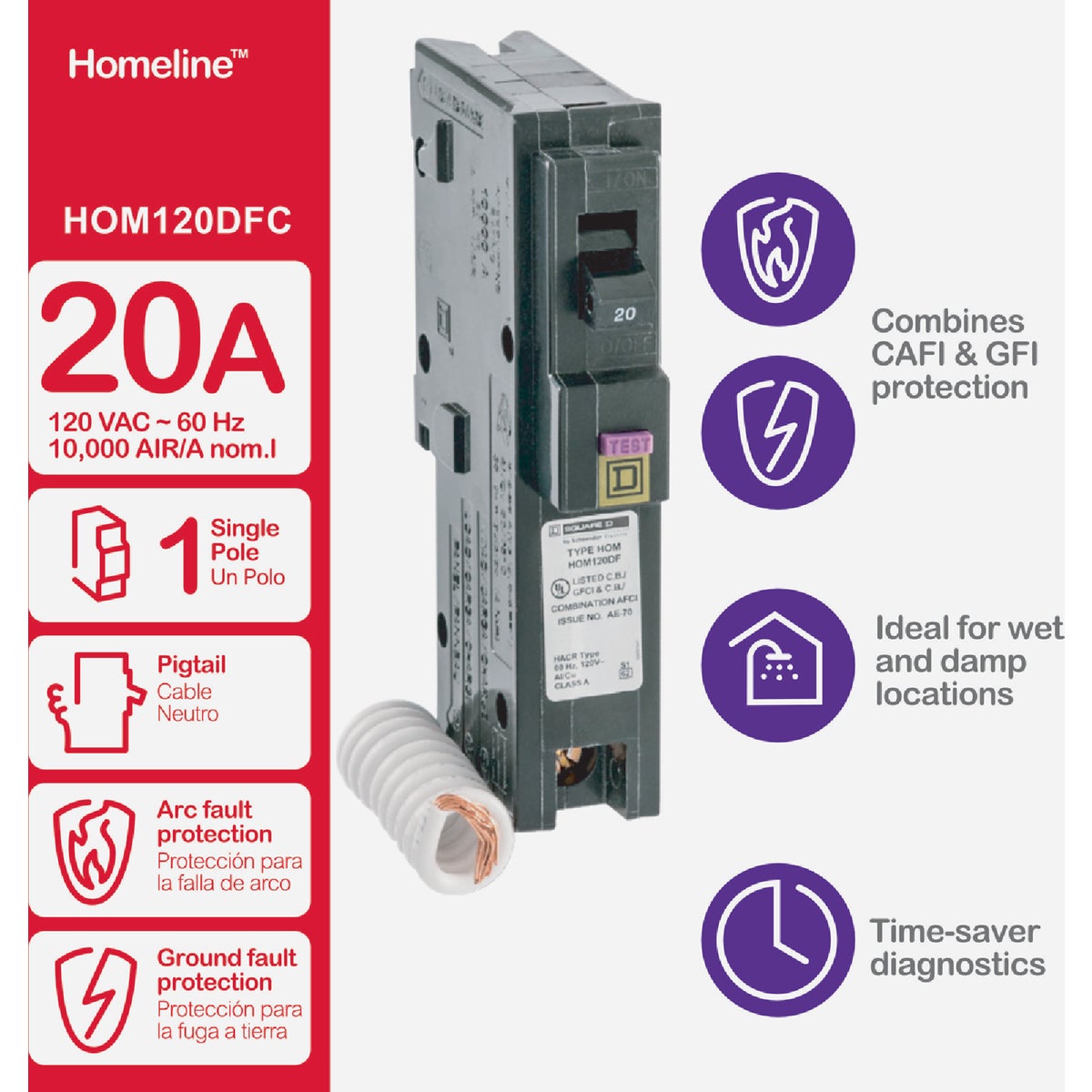 Square D Homeline 20A Single-Pole CAFCI Dual Function Circuit Breaker Image 2