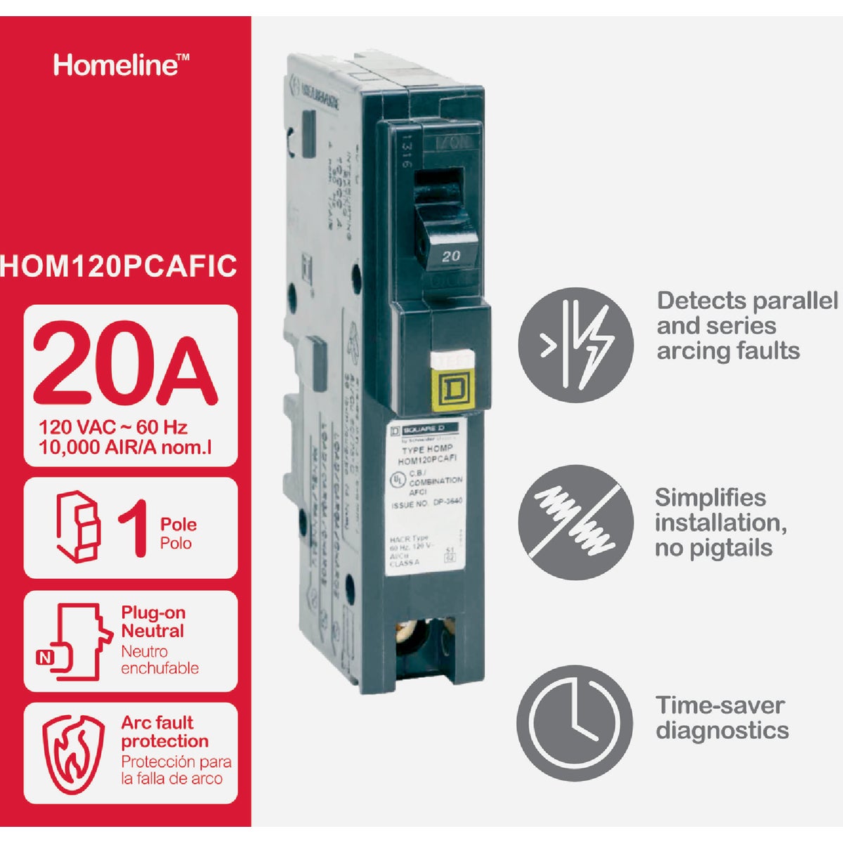 Square D Homeline 20A Single-Pole CAFCI Plug-On Neutral Combination Arc Fault Breaker Image 2