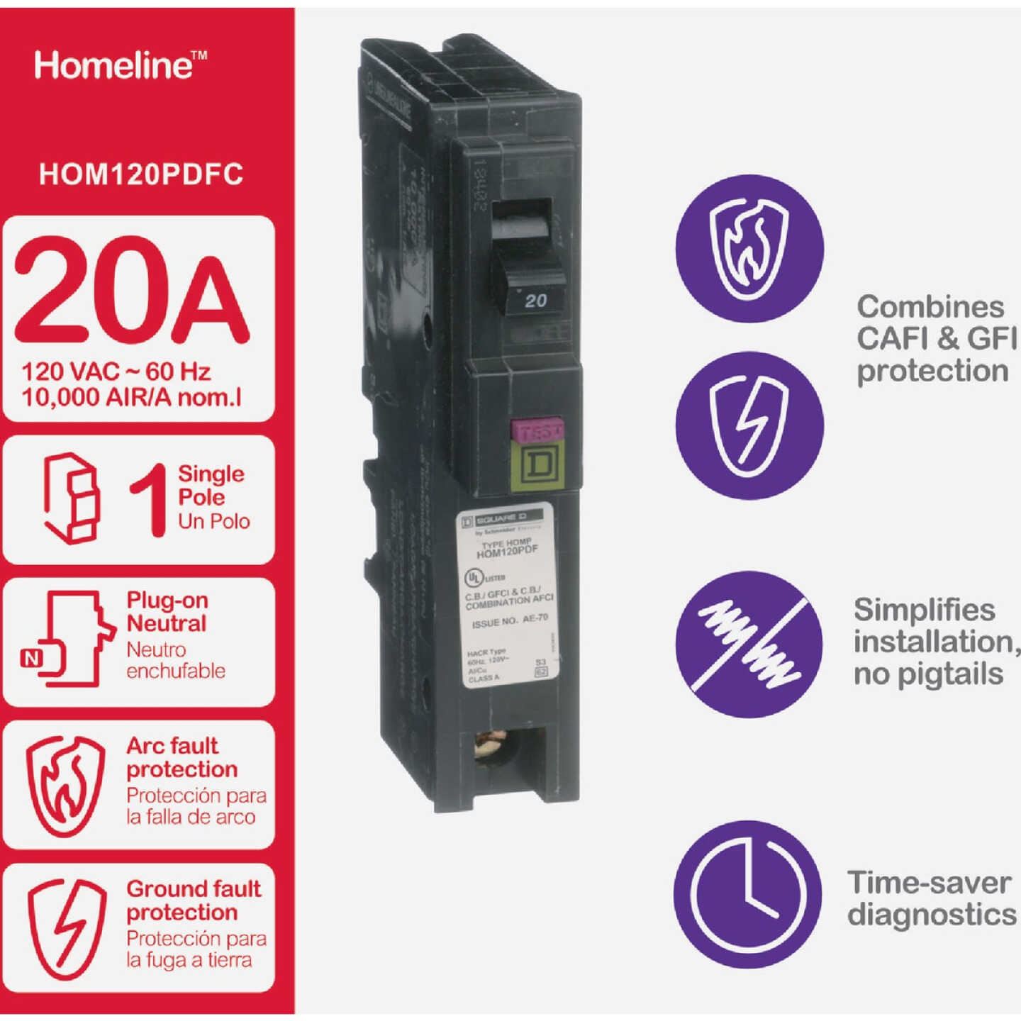 Square D Homeline 20A Single-Pole CAFCI Plug-On Neutral Dual Function Circuit Breaker Image 2
