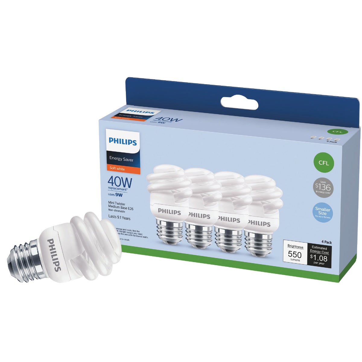 Philips Energy Saver 40W Equivalent Soft White Medium Base T2 Spiral CFL Light Bulb (4-Pack) Image 1