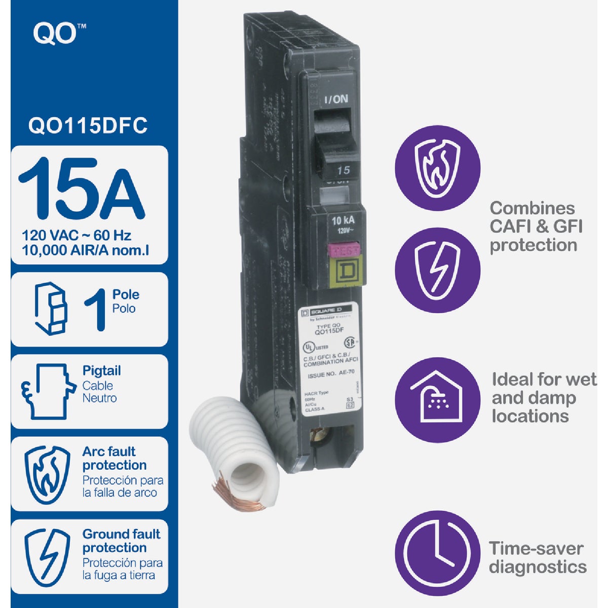 Square D QO 15A Single-Pole CAFCI Dual Function Circuit Breaker Image 2