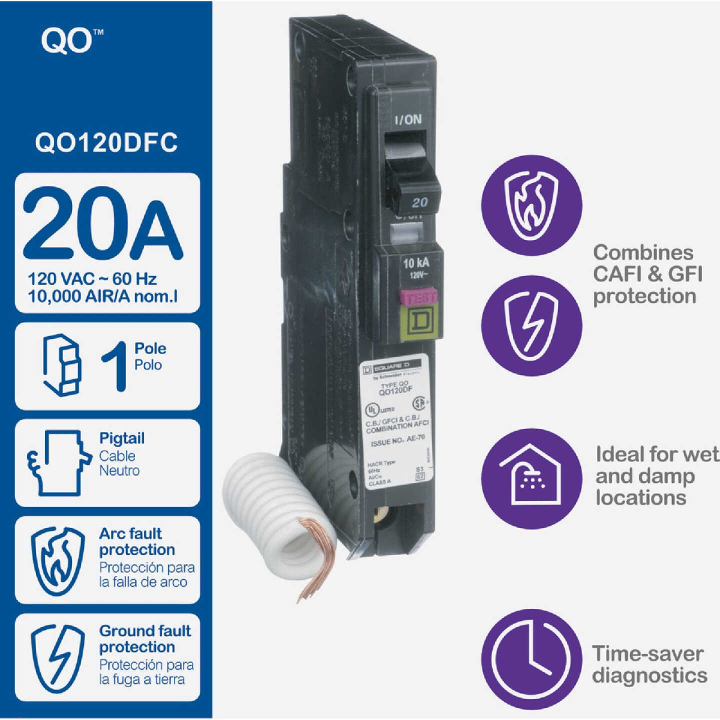 Square D QO 20A Single-Pole CAFCI Dual Function Circuit Breaker Image 2