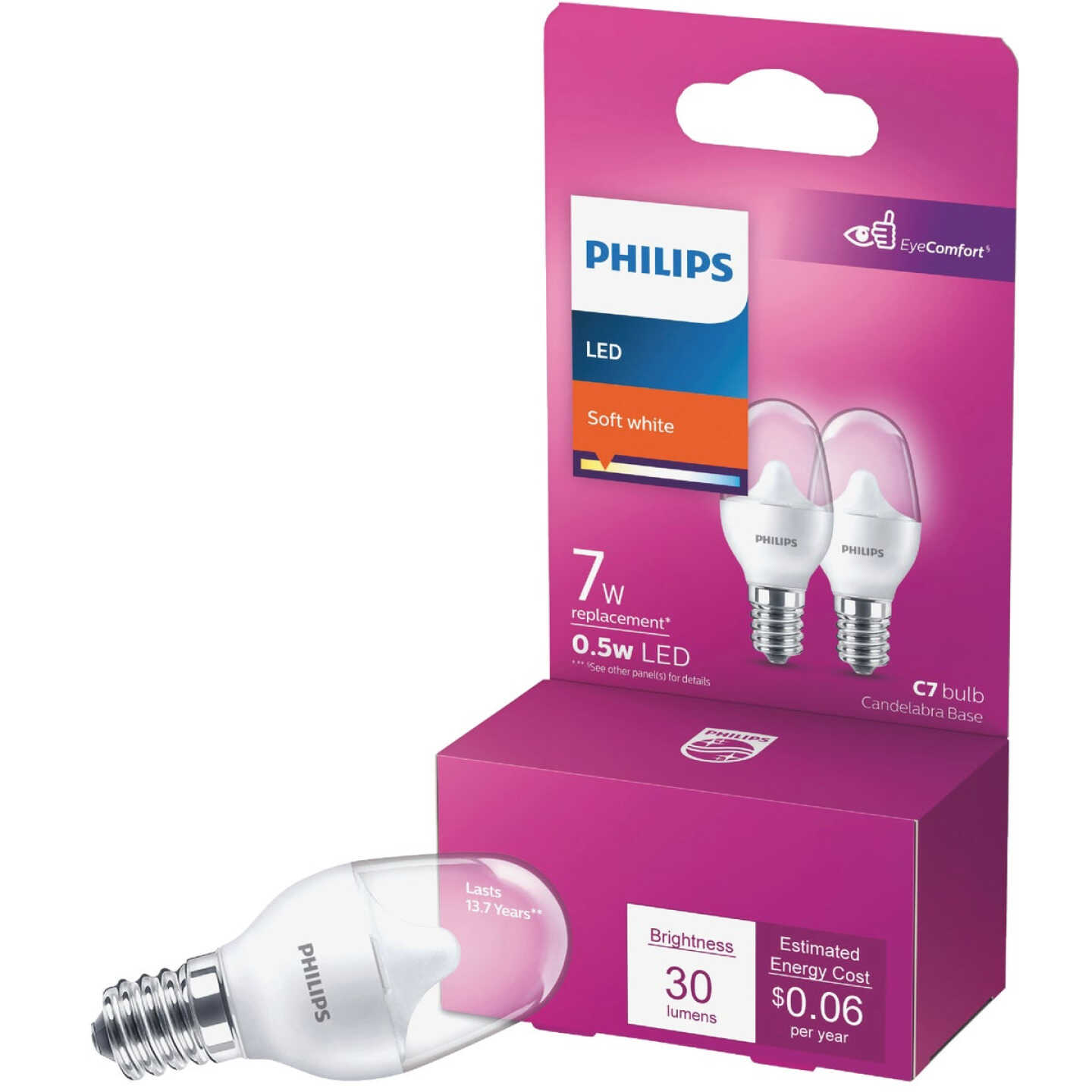 Philips 7W Equivalent Soft White C7 Candelabra LED Night-Light Bulb Image 1