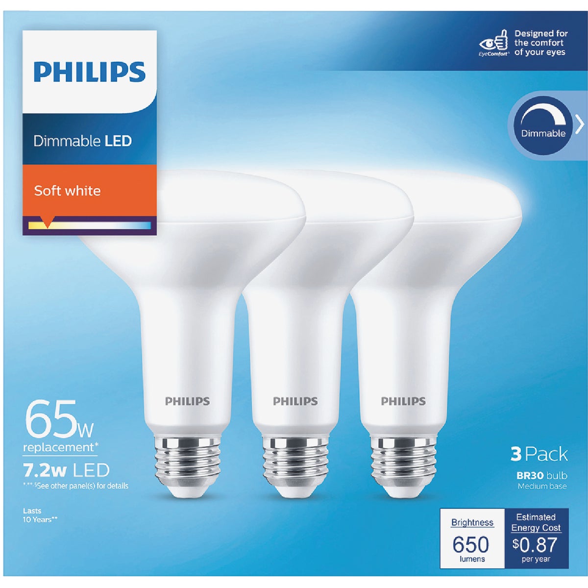 Philips 65W Equivalent Soft White BR30 Medium Dimmable LED Floodlight Light Bulb (3-Pack) Image 2