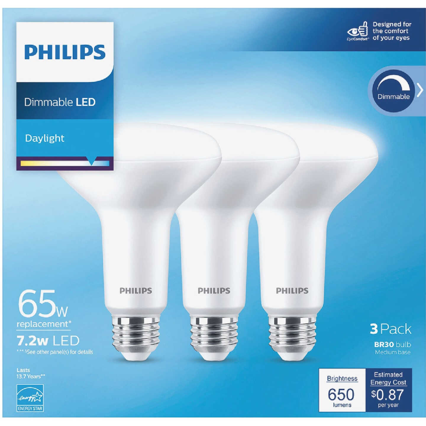 Philips 65W Equivalent Daylight BR30 Medium Dimmable LED Floodlight Light Bulb (3-Pack) Image 2