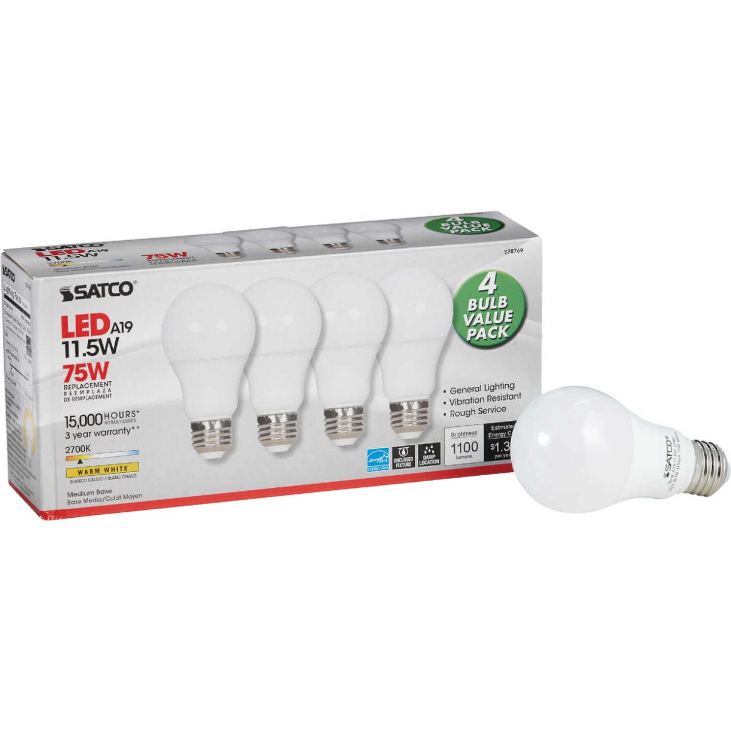 Satco 75W Equivalent Warm White A19 Medium LED Light Bulb (4-Pack) Image 1