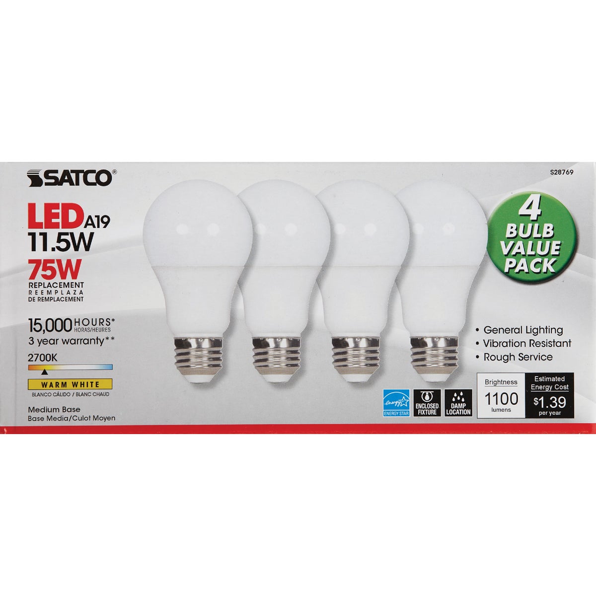 Satco 75W Equivalent Warm White A19 Medium LED Light Bulb (4-Pack) Image 2