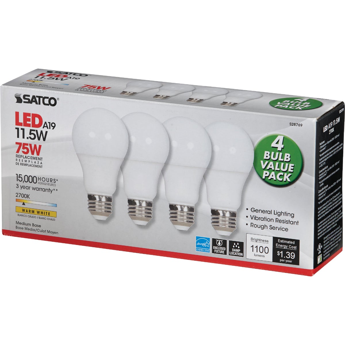 Satco 75W Equivalent Warm White A19 Medium LED Light Bulb (4-Pack) Image 3
