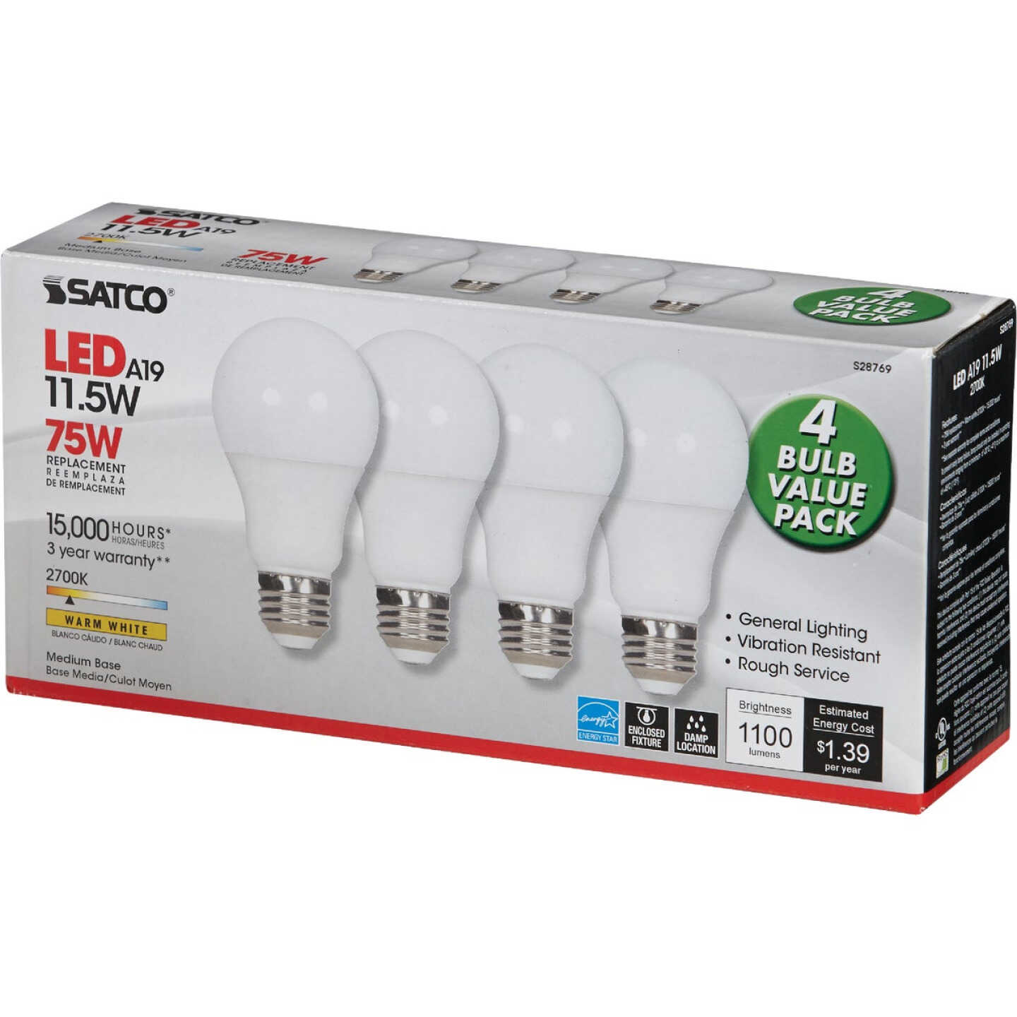 Satco 75W Equivalent Warm White A19 Medium LED Light Bulb (4-Pack) Image 3