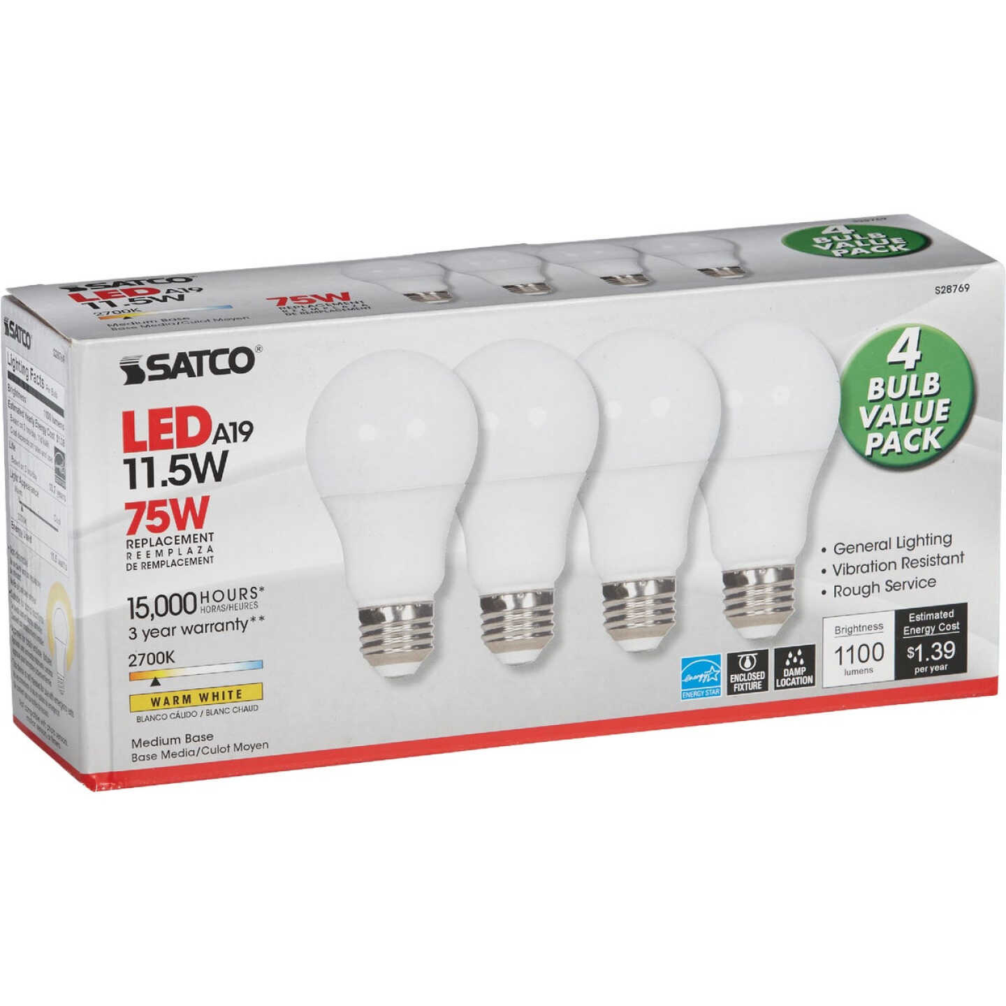 Satco 75W Equivalent Warm White A19 Medium LED Light Bulb (4-Pack) Image 4