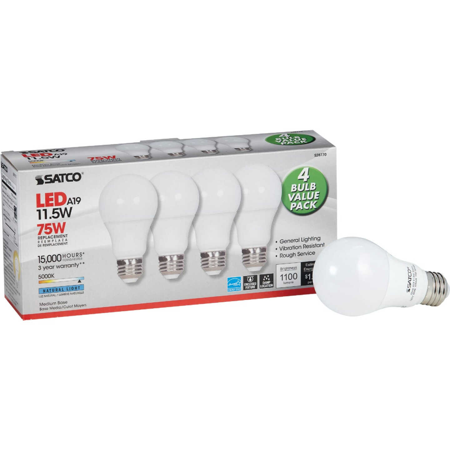 Satco 75W Equivalent Natural Light A19 Medium LED Light Bulb (4-Pack) Image 1
