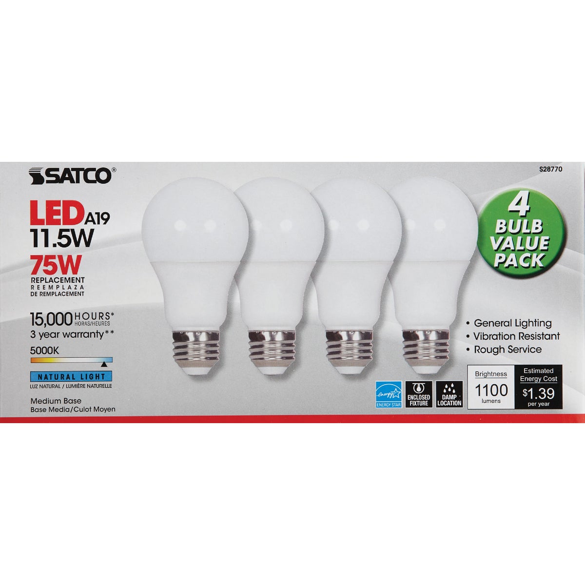 Satco 75W Equivalent Natural Light A19 Medium LED Light Bulb (4-Pack) Image 2