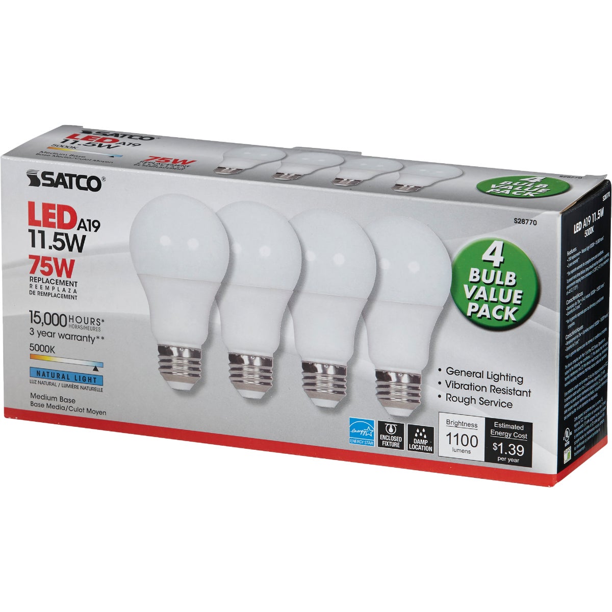Satco 75W Equivalent Natural Light A19 Medium LED Light Bulb (4-Pack) Image 3