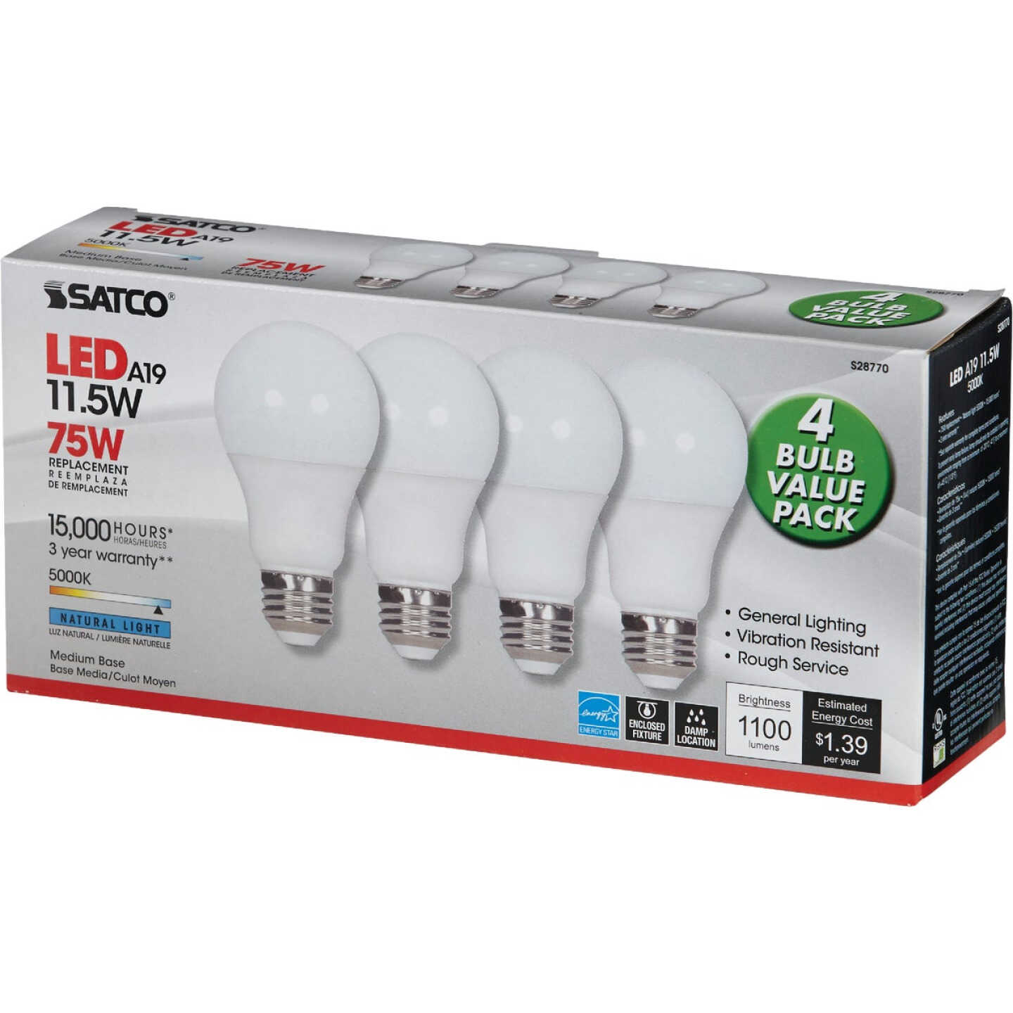 Satco 75W Equivalent Natural Light A19 Medium LED Light Bulb (4-Pack) Image 3