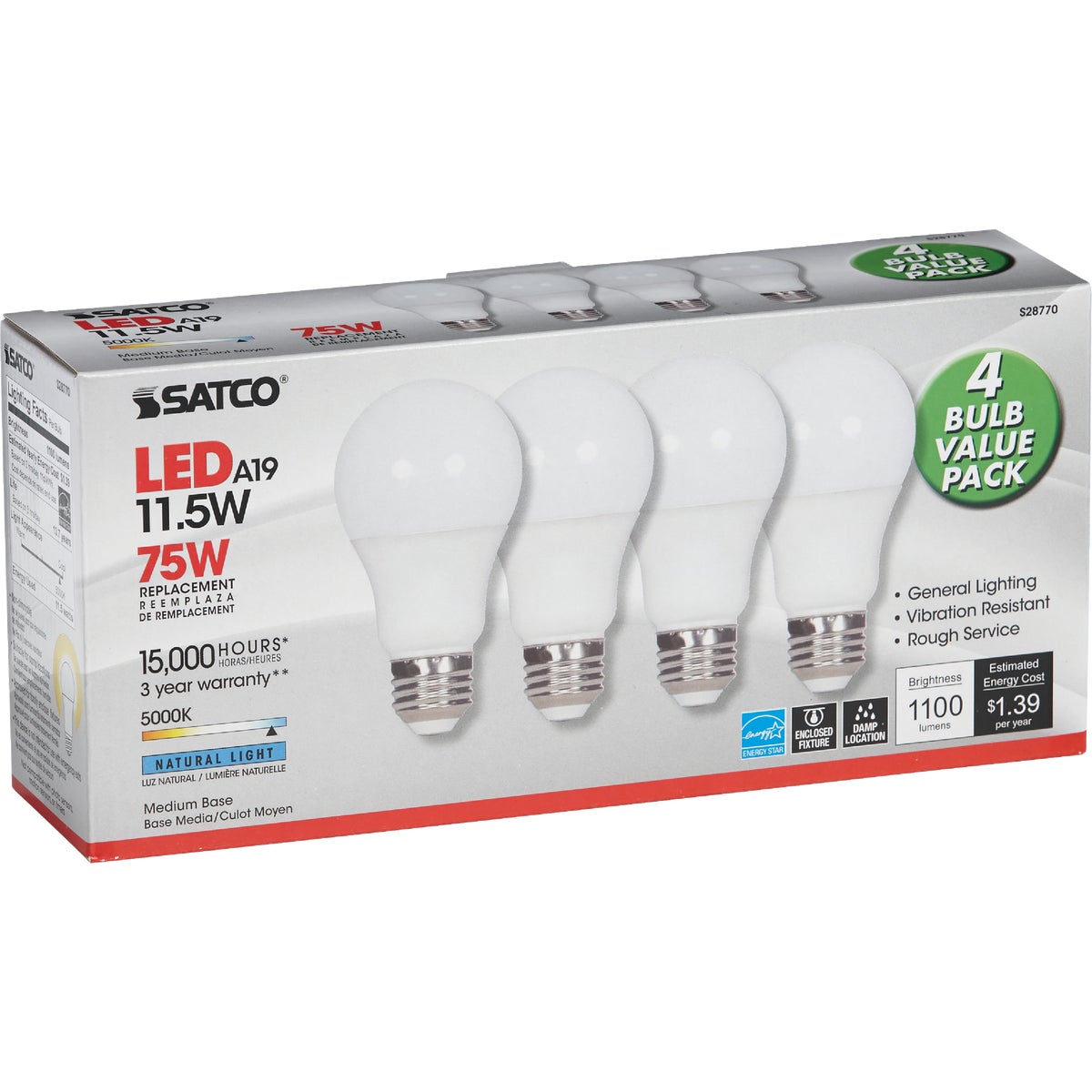 Satco 75W Equivalent Natural Light A19 Medium LED Light Bulb (4-Pack) Image 4