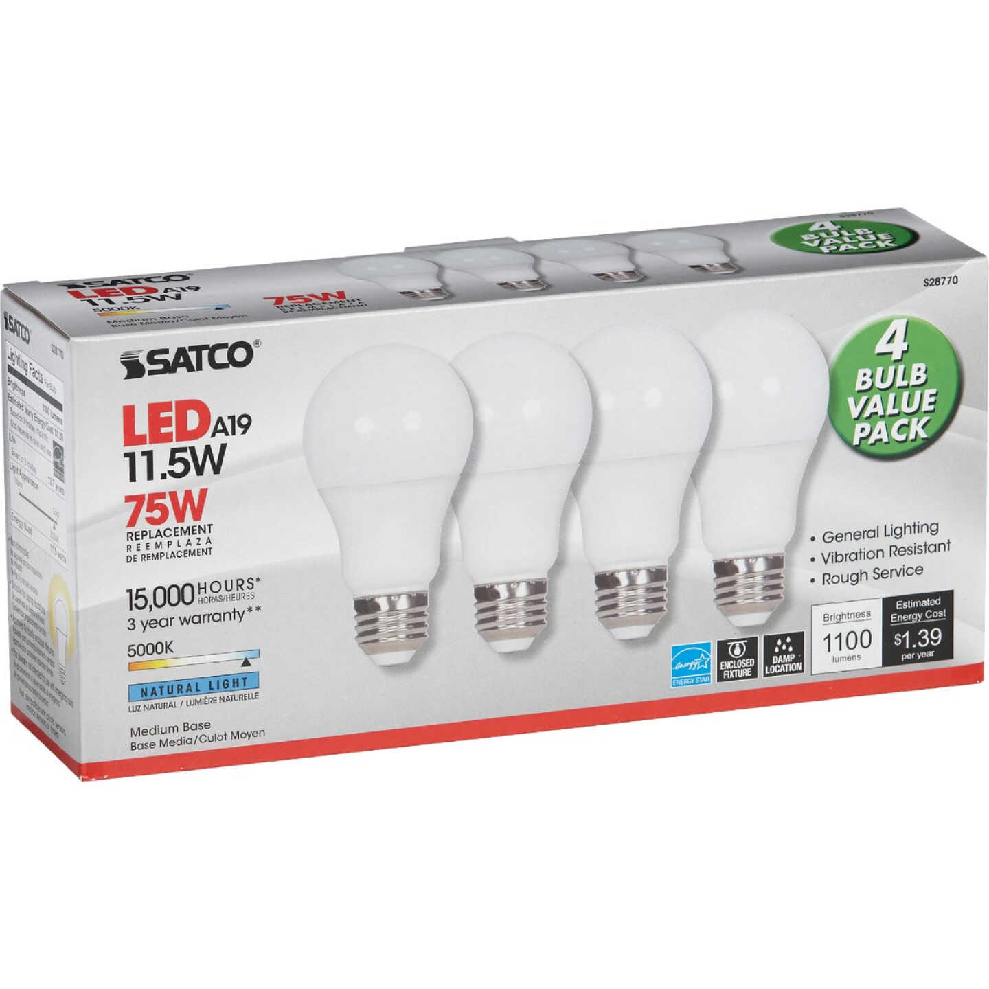 Satco 75W Equivalent Natural Light A19 Medium LED Light Bulb (4-Pack) Image 4