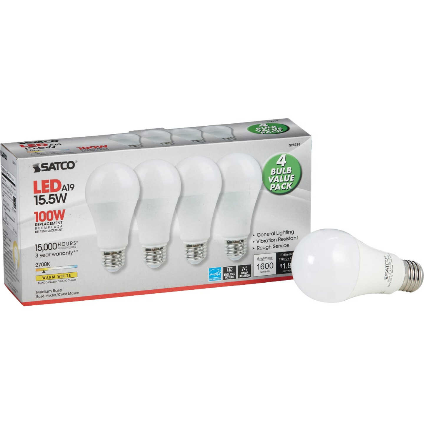 Satco 100W Equivalent Warm White A19 Medium LED Light Bulb (4-Pack) Image 1