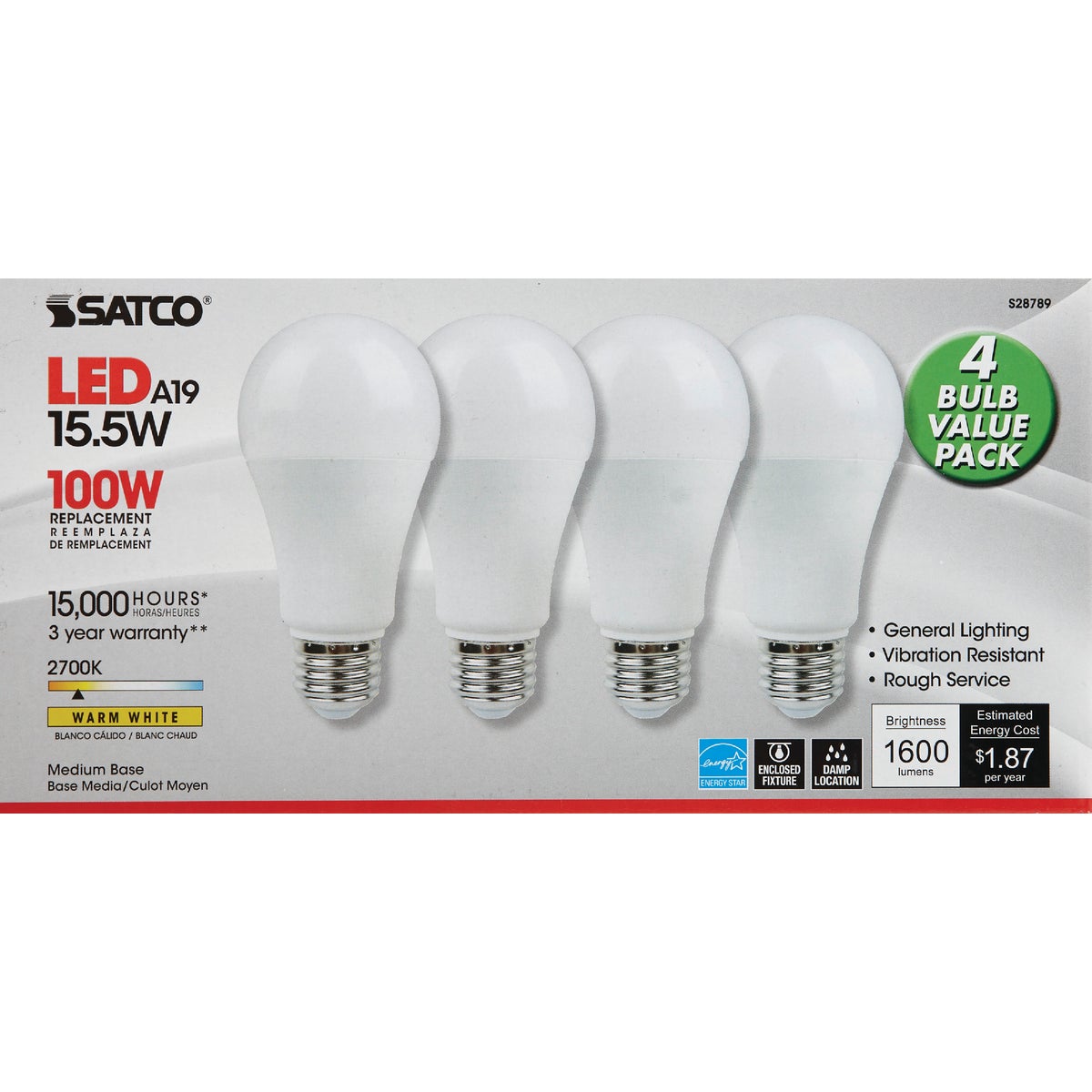 Satco 100W Equivalent Warm White A19 Medium LED Light Bulb (4-Pack) Image 2