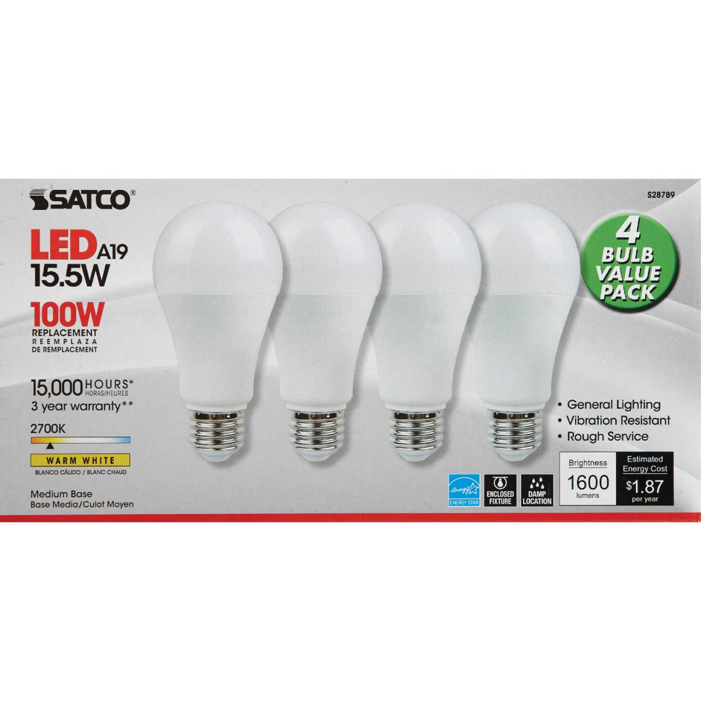 Satco 100W Equivalent Warm White A19 Medium LED Light Bulb (4-Pack) Image 2