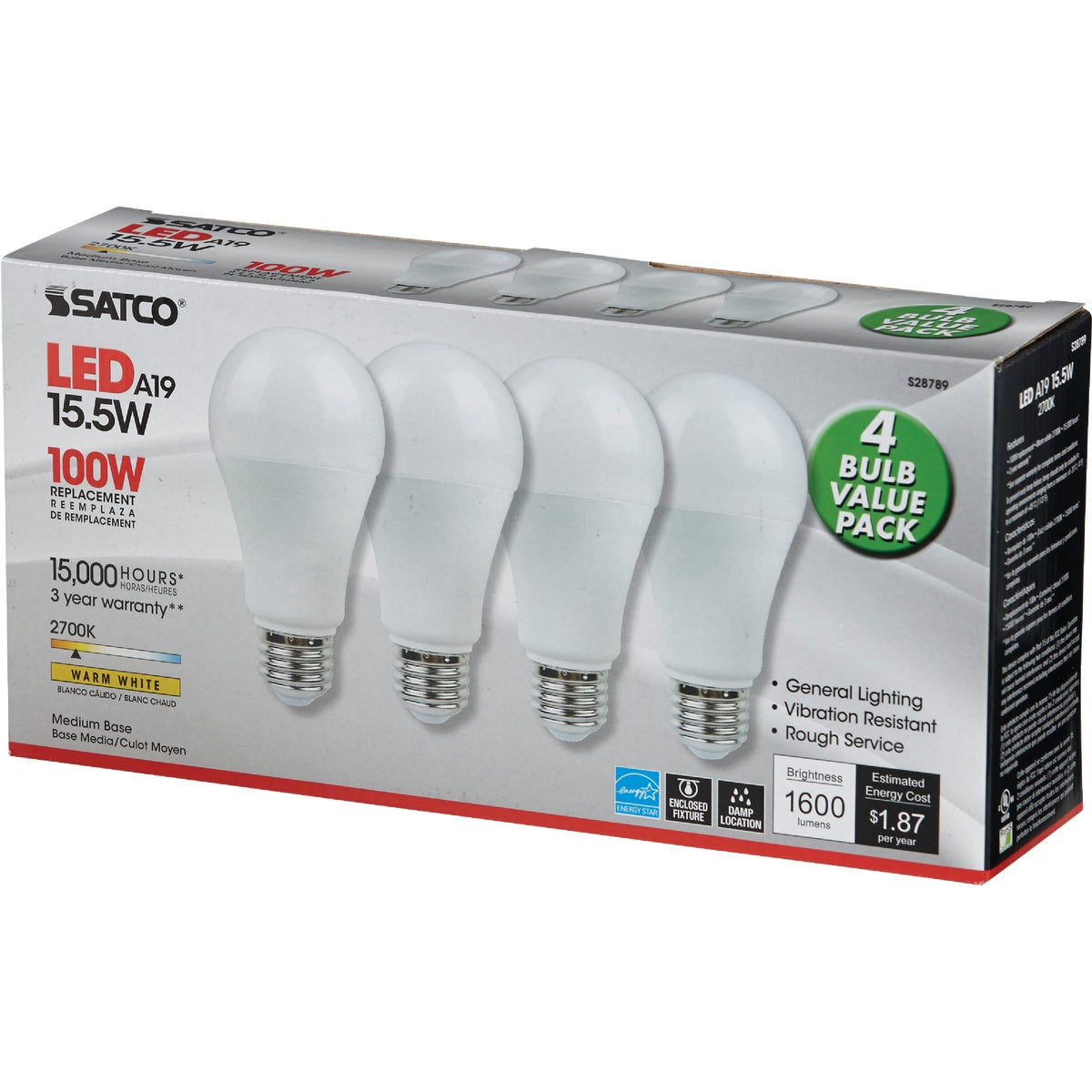 Satco 100W Equivalent Warm White A19 Medium LED Light Bulb (4-Pack) Image 3