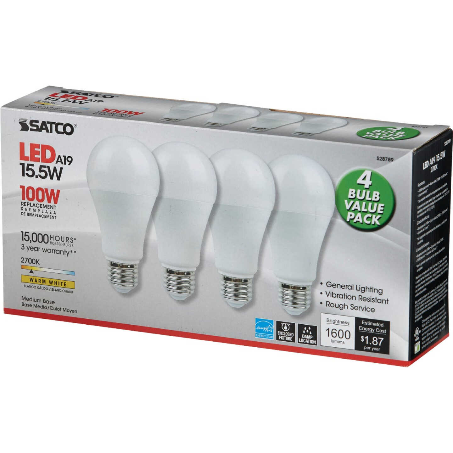 Satco 100W Equivalent Warm White A19 Medium LED Light Bulb (4-Pack) Image 3