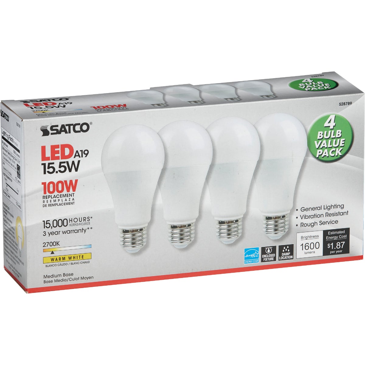 Satco 100W Equivalent Warm White A19 Medium LED Light Bulb (4-Pack) Image 4