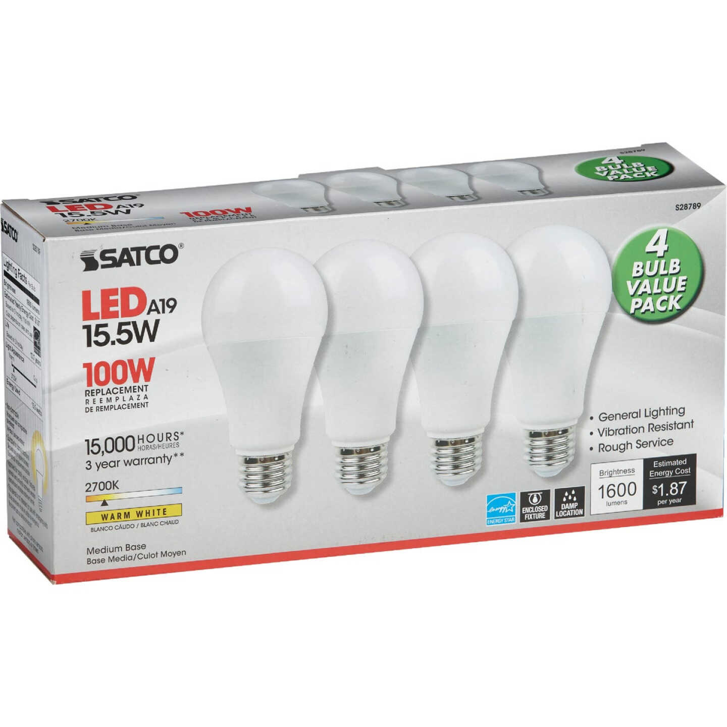 Satco 100W Equivalent Warm White A19 Medium LED Light Bulb (4-Pack) Image 4