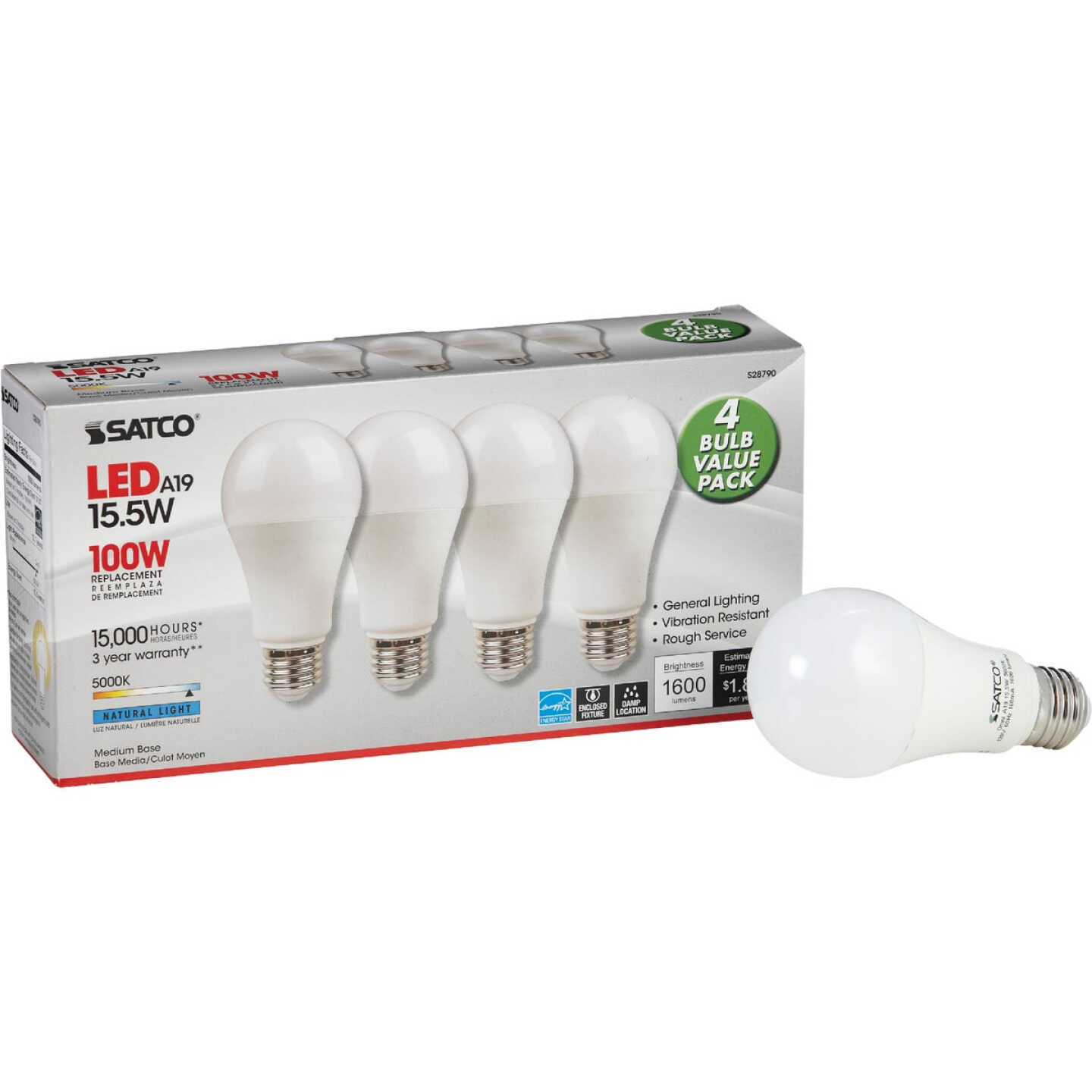 Satco 100W Equivalent Natural Light A19 Medium LED Light Bulb (4-Pack) Image 1