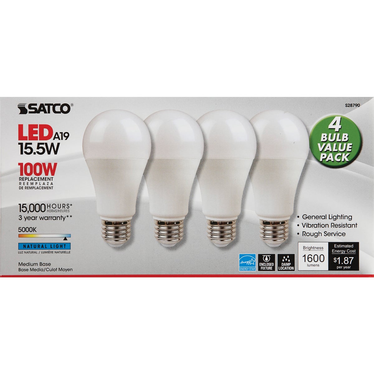 Satco 100W Equivalent Natural Light A19 Medium LED Light Bulb (4-Pack) Image 2