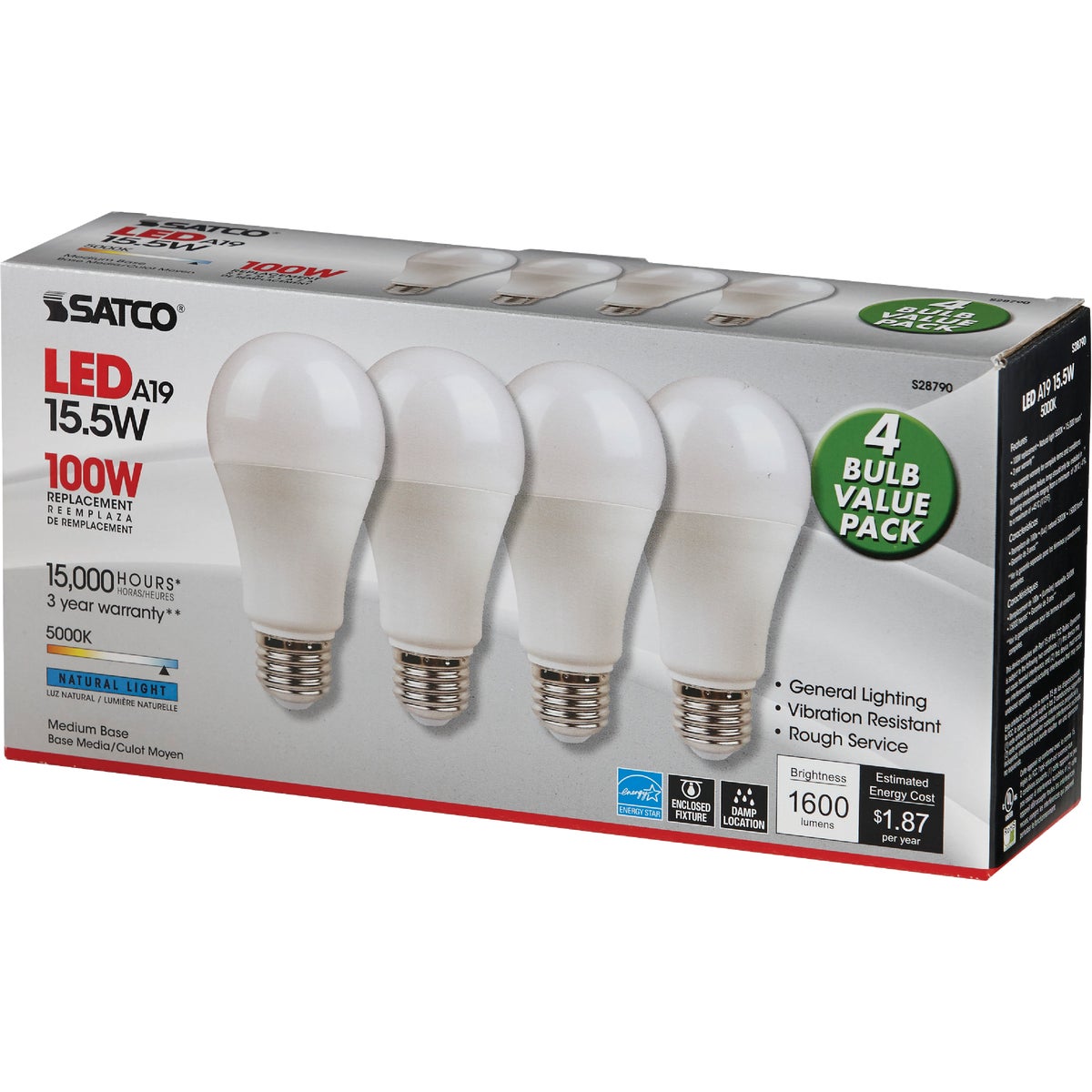 Satco 100W Equivalent Natural Light A19 Medium LED Light Bulb (4-Pack) Image 3