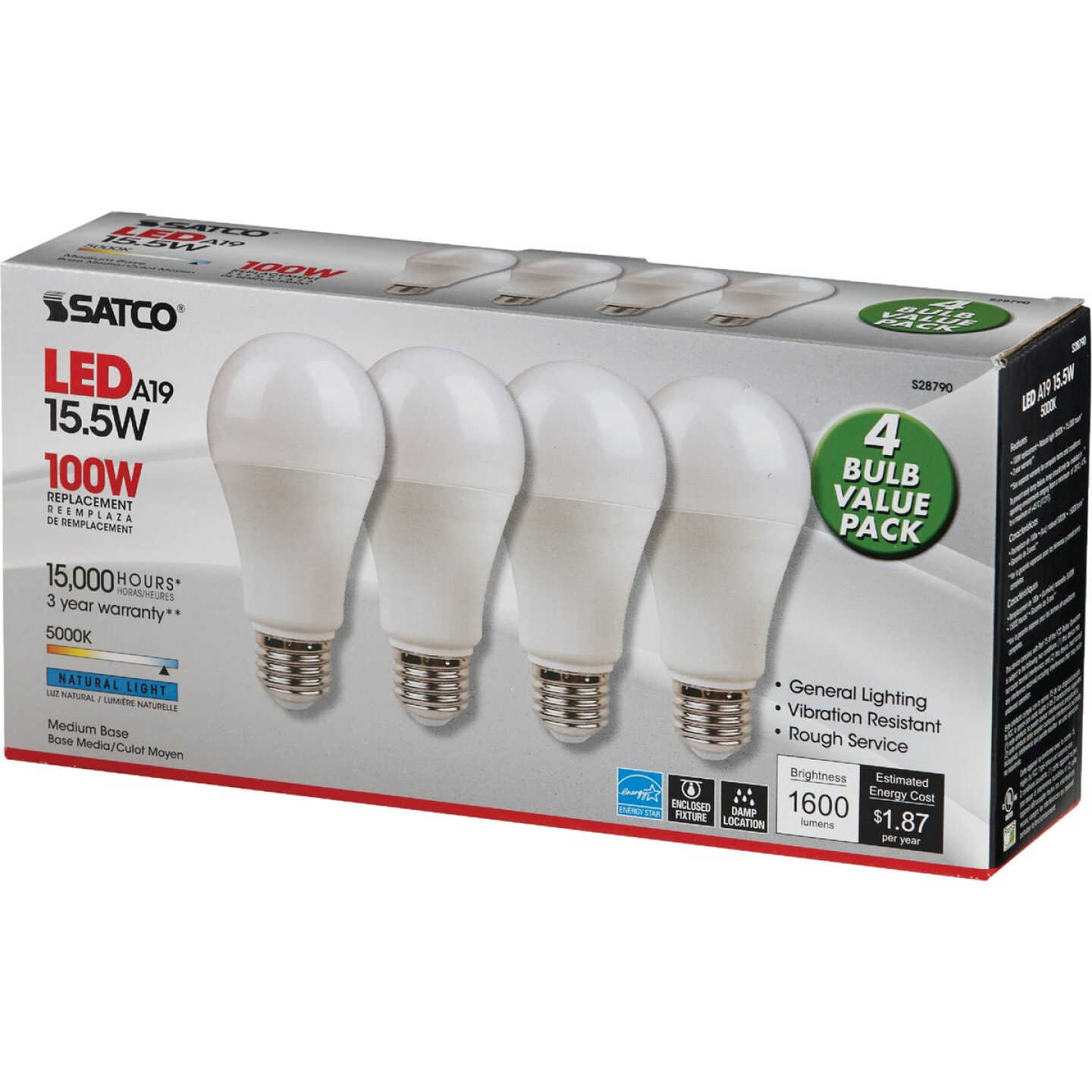 Satco 100W Equivalent Natural Light A19 Medium LED Light Bulb (4-Pack) Image 3
