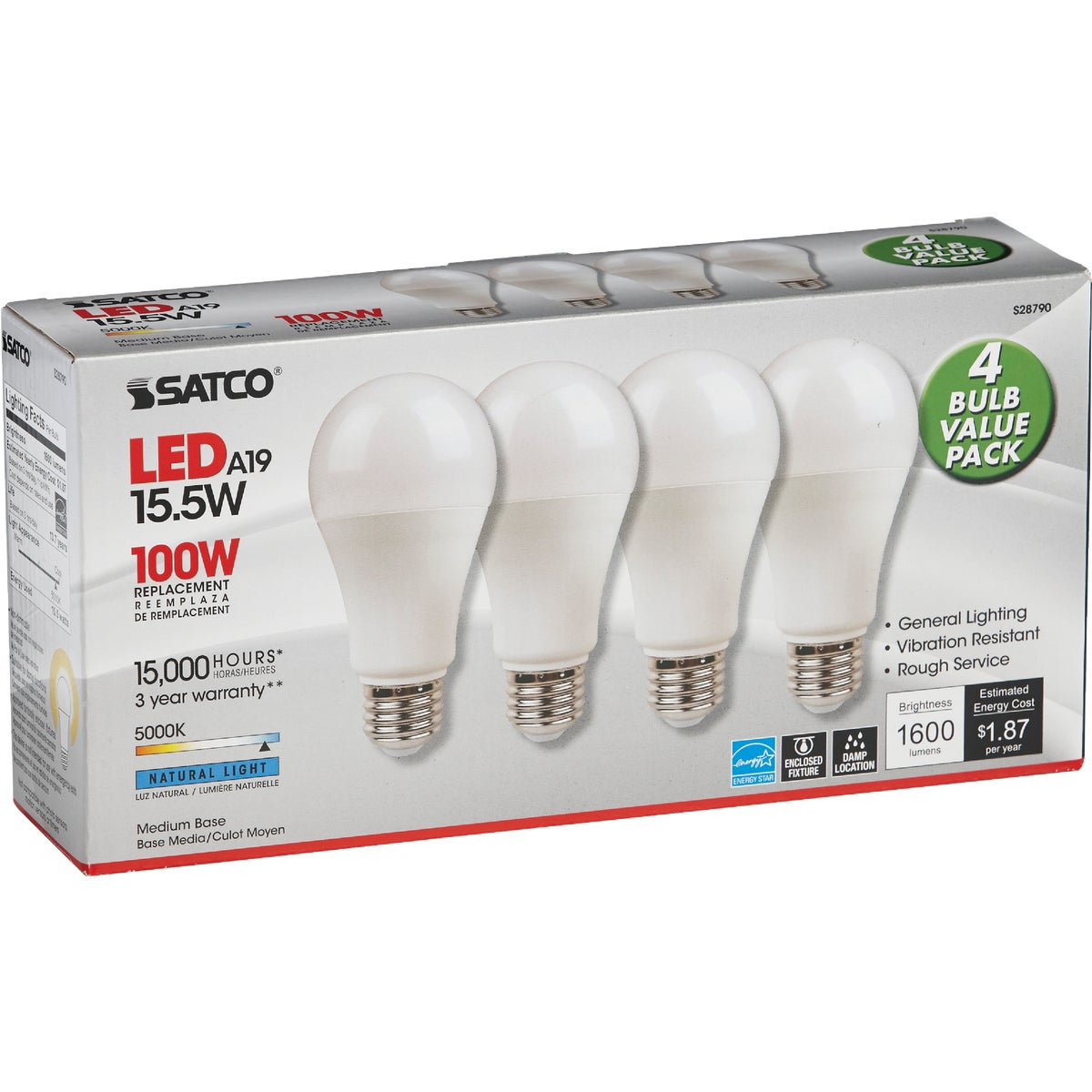Satco 100W Equivalent Natural Light A19 Medium LED Light Bulb (4-Pack) Image 4