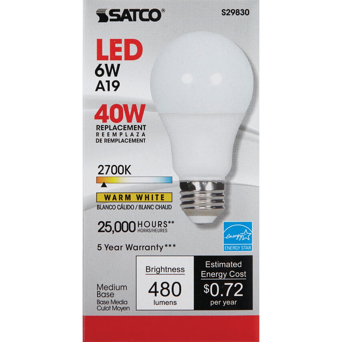 Satco 40W Equivalent Warm White A19 Medium Dimmable LED Light Bulb Image 2