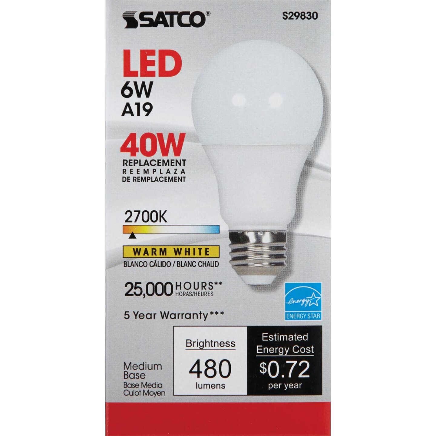 Satco 40W Equivalent Warm White A19 Medium Dimmable LED Light Bulb Image 2