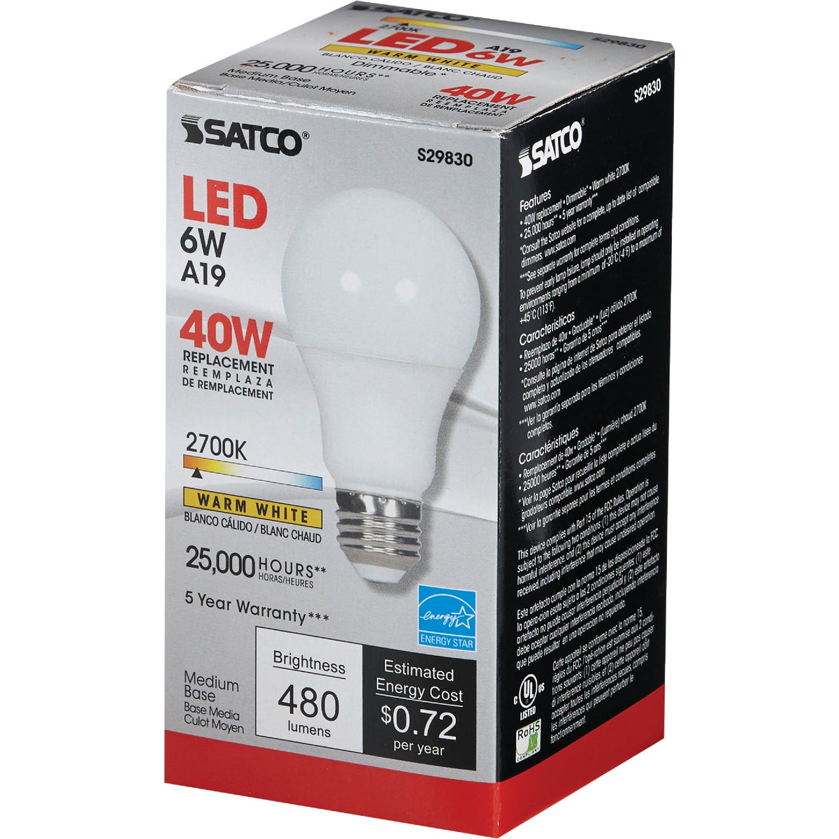 Satco 40W Equivalent Warm White A19 Medium Dimmable LED Light Bulb Image 3