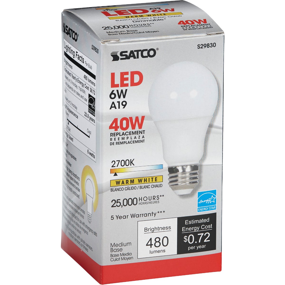 Satco 40W Equivalent Warm White A19 Medium Dimmable LED Light Bulb Image 4