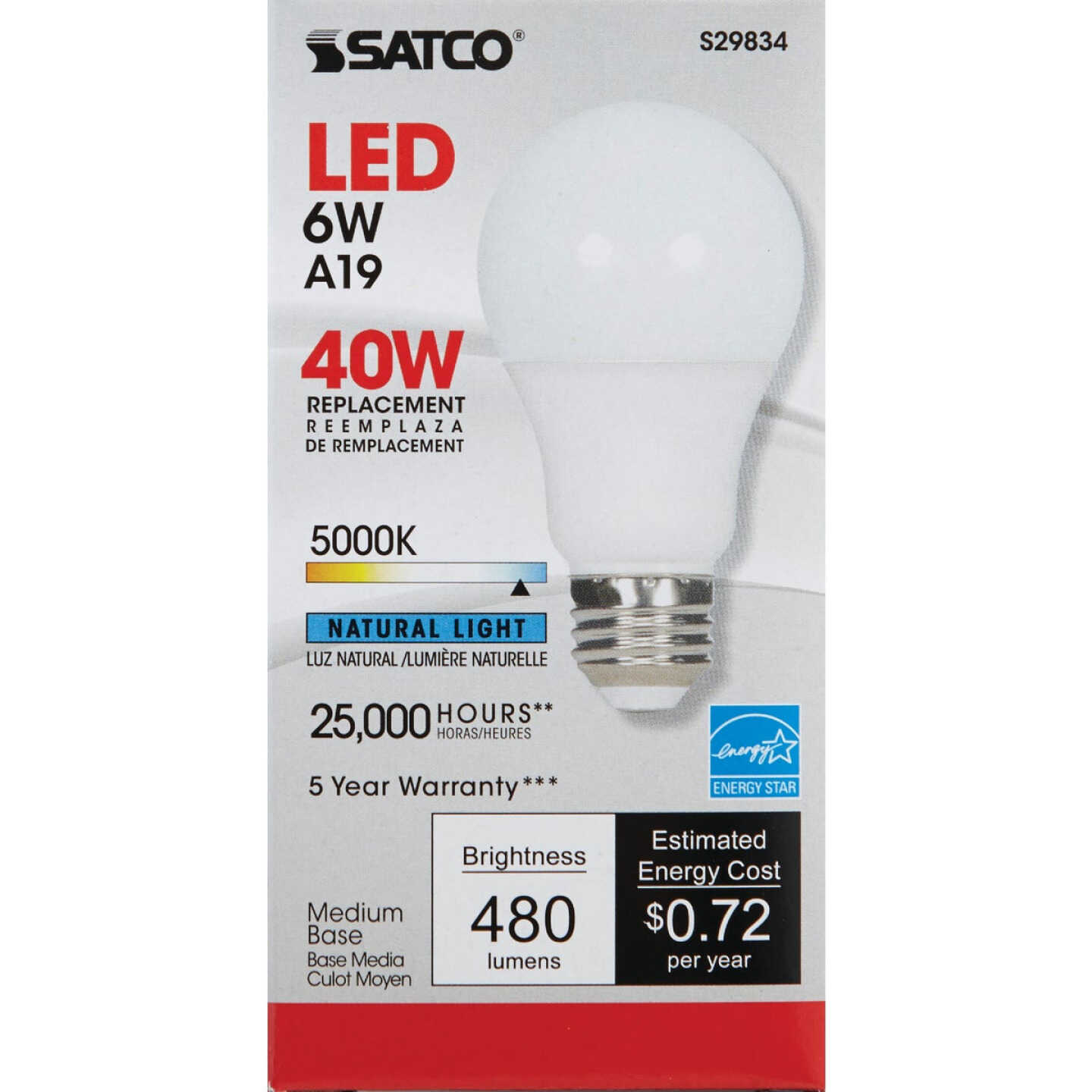 Satco 40W Equivalent Natural Light A19 Medium Dimmable LED Light Bulb Image 2
