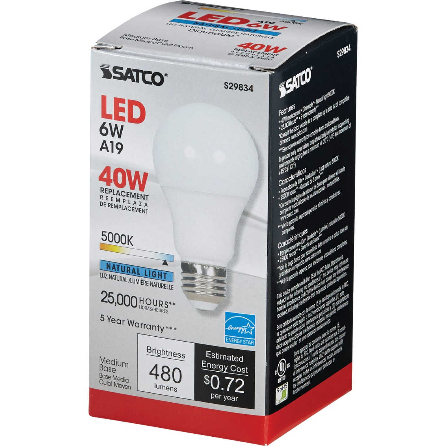 Satco 40W Equivalent Natural Light A19 Medium Dimmable LED Light Bulb Image 3